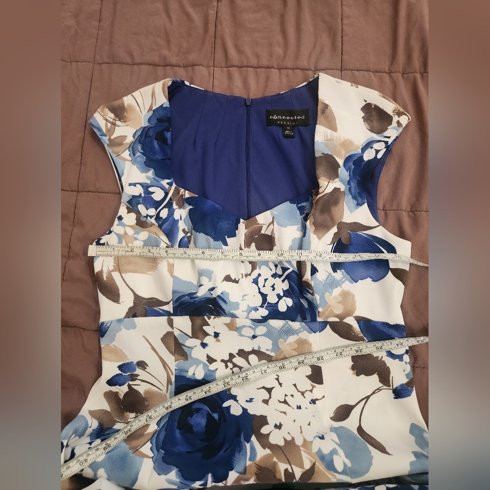 Connected Apparel Blue and Brown Floral Midi Dress Sz 12 - Picture 6 of 8